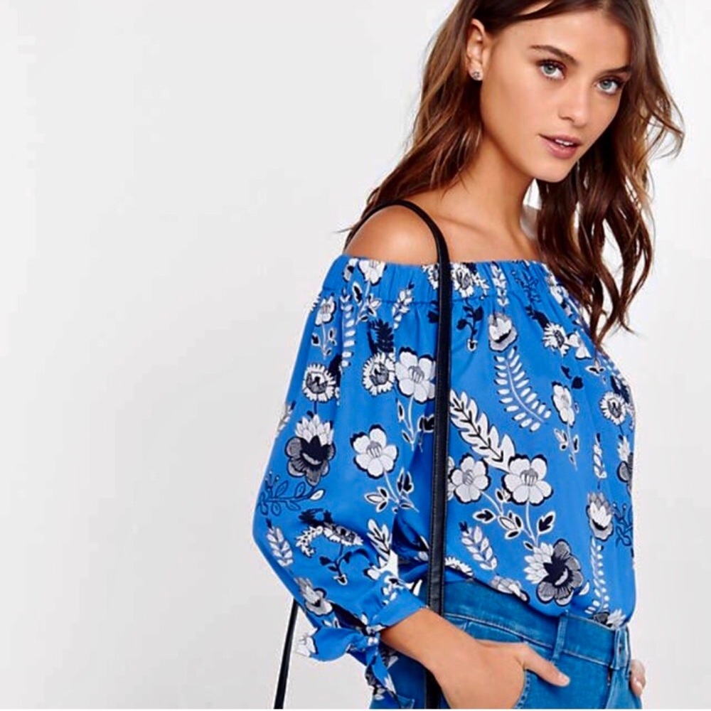 Express Blue Floral Off the Shoulder Top XS